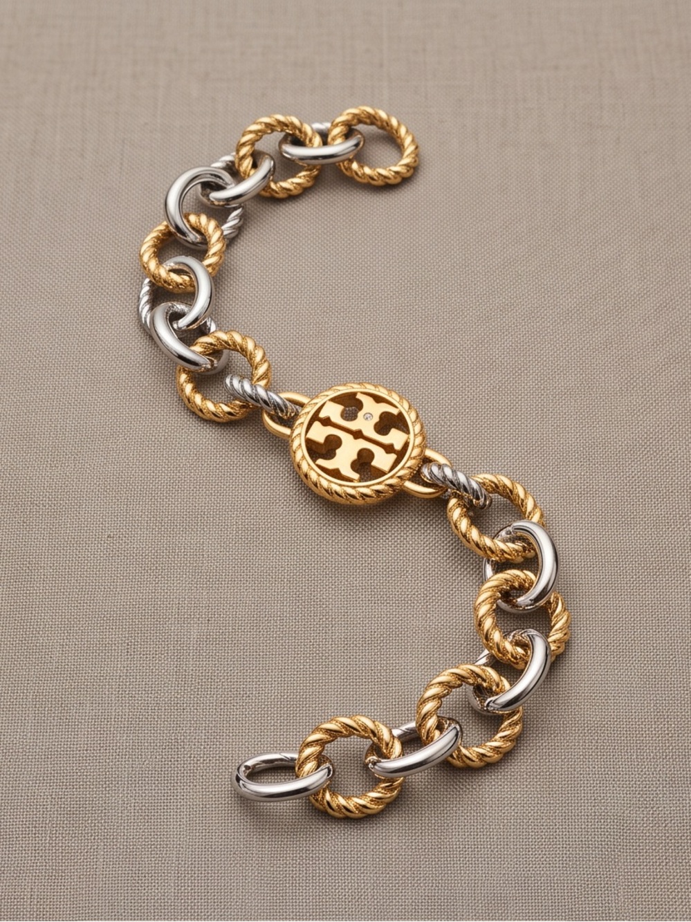 Tory Burch Two-Tone Gold and Silver Rope-Link Logo Bracelet - Picture 3 of 4